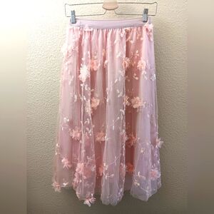 Pink Tulle Floral Midi Skirt